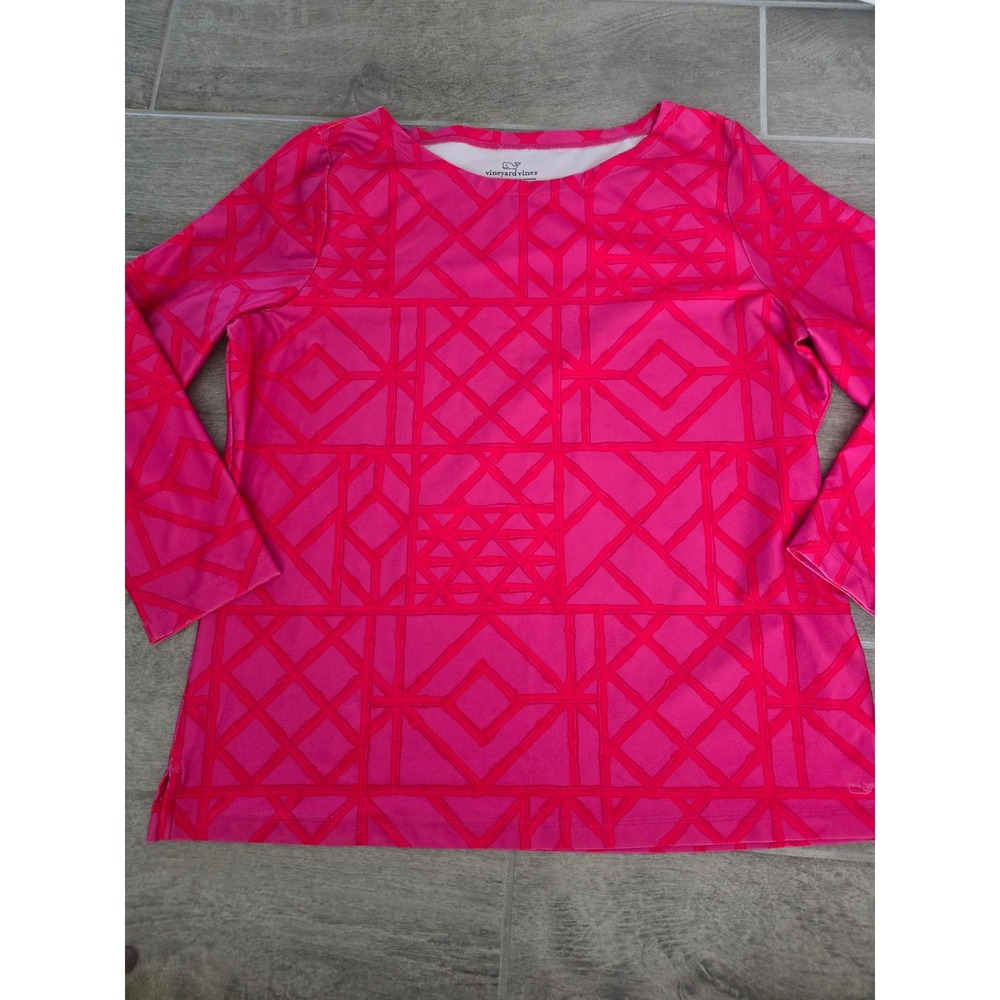 Vineyard Vines Womens XL Pink Geometric Bamboo Lattice Long Sleeve Boat Neck Top